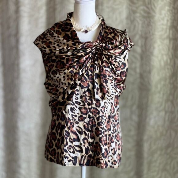 NWOT Vintage Y2K Bebe Leopard Print Silk Blouse Mob Wife Asymmetrical Bow Size L - Picture 1 of 8